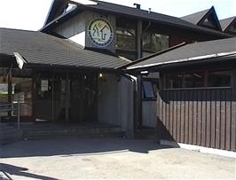The front entrance of Voss youth hostel, with electric doors